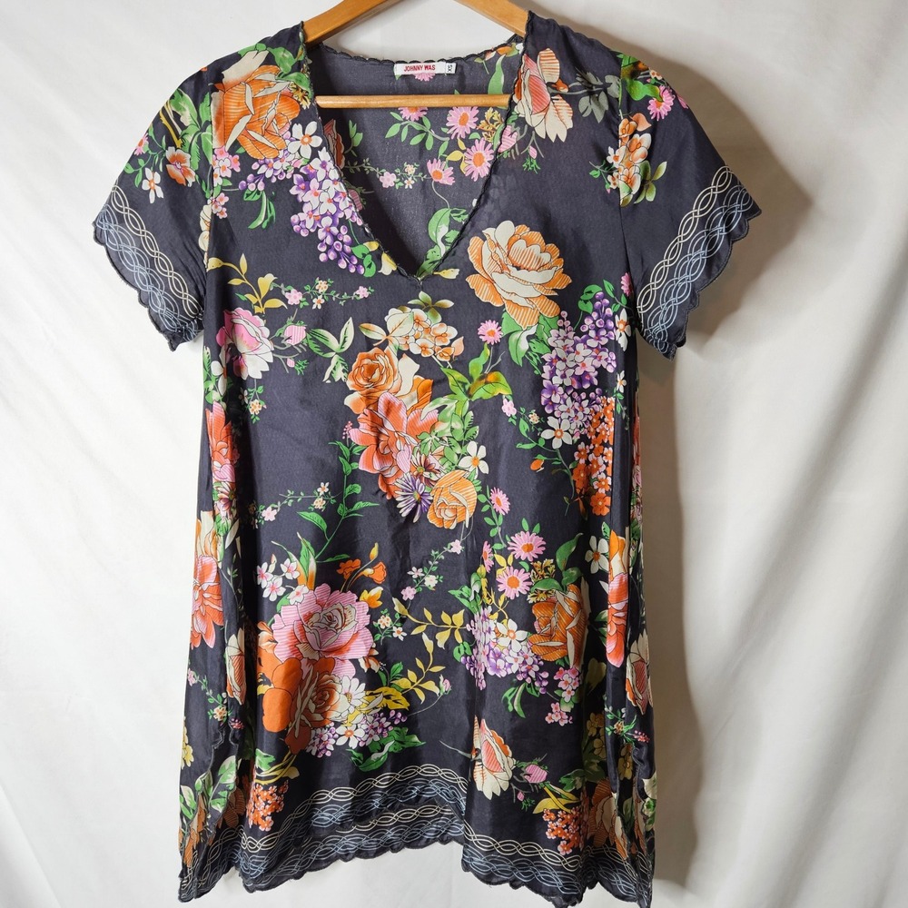 Johnny Was 100% Silk Floral Scalloped Edge Tunic sz XS